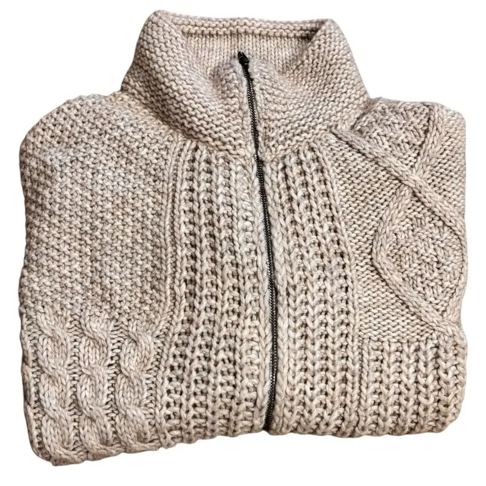 Anthropologie Elsamanda Chunky Cable Knit Zip Cardigan Tan Wool Blend OS